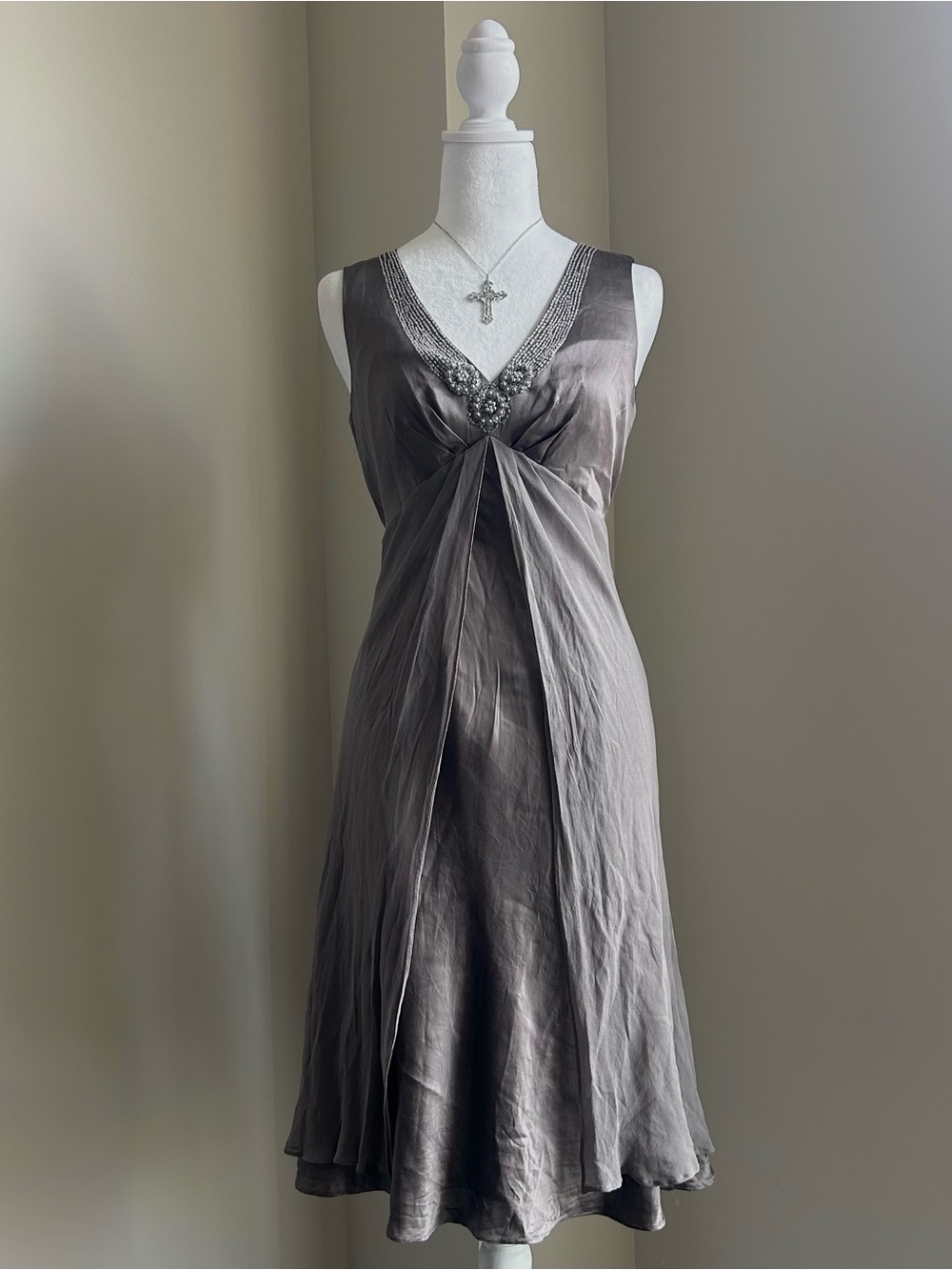 2000's Donna Ricco Silk Silver-Gray Midi Dress